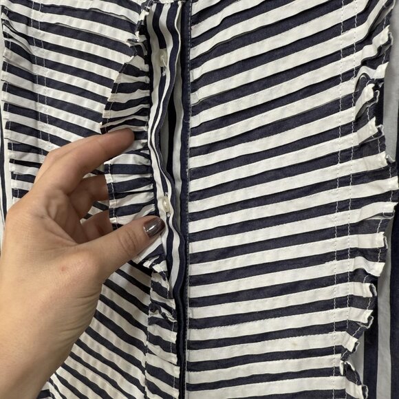J Crew Shirt Womens Small Navy White Stripe Ruffle Trim Band Collar Long Sleeve - Picture 5 of 9